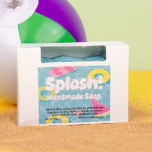 Load image into Gallery viewer, Handmade soap bar with &#39;Splash!&#39; branding on a beach-themed background