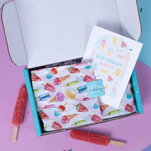 Load image into Gallery viewer, Colorful ice cream-themed party package with a card and two popsicles on a pink background