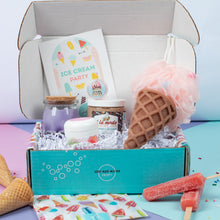 Load image into Gallery viewer, Gift box with ice cream-themed items including a waffle cone, ice cream cone, and &#39;Ice Cream Party&#39; card.