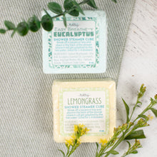 Load image into Gallery viewer, Two shower steamer cubes, one labeled &#39;Eucalyptus&#39; and the other &#39;Lemongrass&#39;, on a textured surface with greenery.
